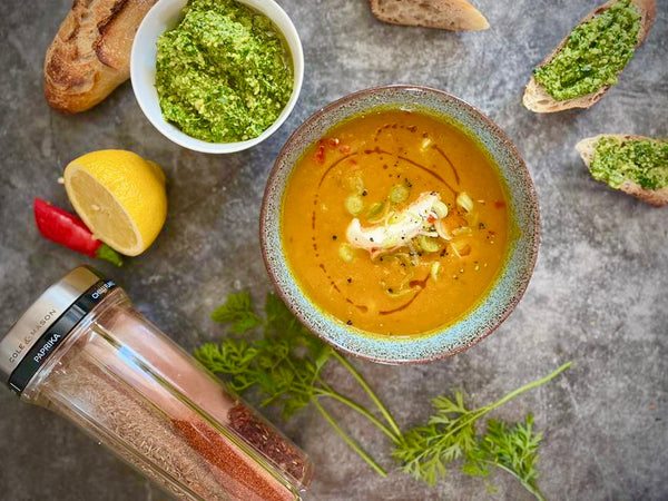 Vegetarian Carrot, Cumin and Turmeric Soup with Carrot Pesto