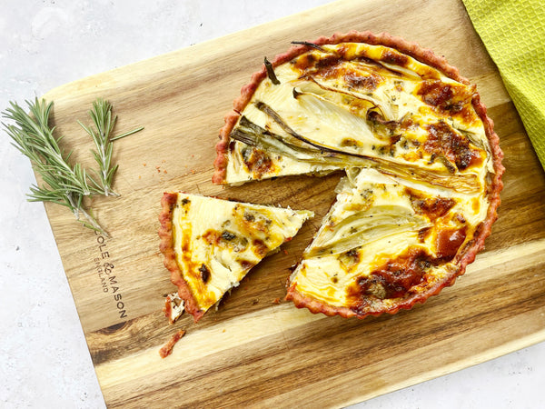 Roast Spring Onion and Fennel Quiche with a Beetroot Pastry