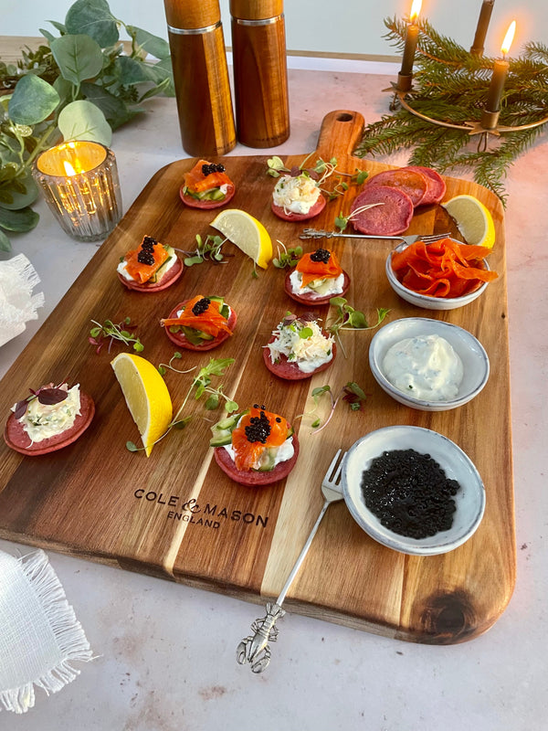 Smoked Trout, Beetroot and Horseradish Blinis