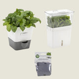 Three Cole & Mason items: Burwell Self Watering Potted Herb Keeper Small with basil, Tealby Herb Keeper with assorted herbs, and Spare Refill Pads for plant care.