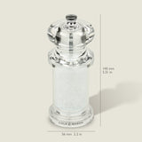 #salt&pepperset
The Cole & Mason 505 Salt Grinder has adjustable settings, comes pre-filled with coarse salt, and stands 140 mm tall. Made from clear acrylic, it features the Cole & Mason logo at the base against a pale off-white background.