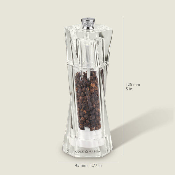 A clear Cole & Mason Aldeburgh Salt & Pepper Mill Set, filled with black peppercorns, features premium adjustable grinding mechanisms. The mill stands 125 mm tall and 45 mm wide on a light background with labeled dimensions.