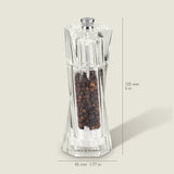 A clear Cole & Mason Aldeburgh Salt & Pepper Mill Set, filled with black peppercorns, features premium adjustable grinding mechanisms. The mill stands 125 mm tall and 45 mm wide on a light background with labeled dimensions.