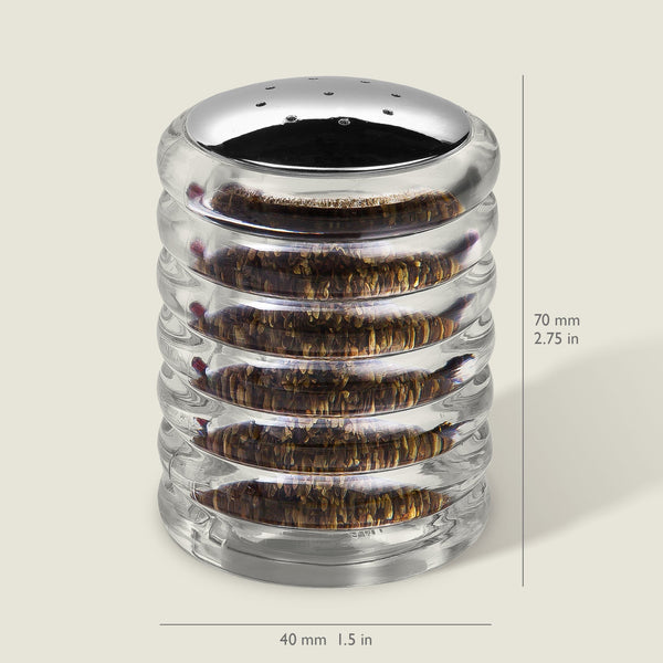 The Cole & Mason Beehive Shakers Set features round, ribbed glass shakers with shiny silver lids, each filled with a dark, granular substance. Classic in style, each measures 70 mm tall and 40 mm wide.