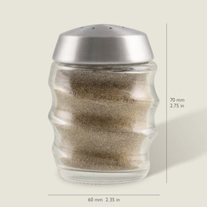The Cole & Mason Bray Glass Shakers Set features a clear glass pepper shaker with stainless steel top, filled with ground pepper. It measures 70mm tall and 60mm wide, displayed on a light background with measurements shown.