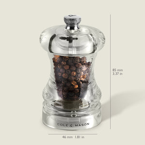 #85mm#pepper
The Cole & Mason Acrylic Capstan Salt & Pepper Mill features a clear, contemporary design, is pre-filled with black peppercorns, and has a durable grinder. Dimensions: 85 mm (3.37 in) high × 46 mm (1.81 in) wide.