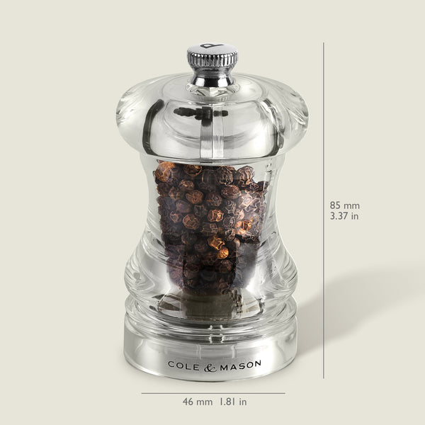 #85mm#pepper
The Cole & Mason Acrylic Capstan Salt & Pepper Mill features a clear, contemporary design, is pre-filled with black peppercorns, and has a durable grinder. Dimensions: 85 mm (3.37 in) high × 46 mm (1.81 in) wide.