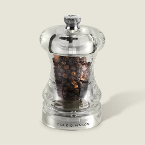 #85mm#pepper
The Cole & Mason Acrylic Capstan Pepper Mill, topped with a silver knob and filled with whole black peppercorns, features a precision grinding mechanism—perfect for elegant dining. Part of the Acrylic Capstan Salt & Pepper Mills collection.