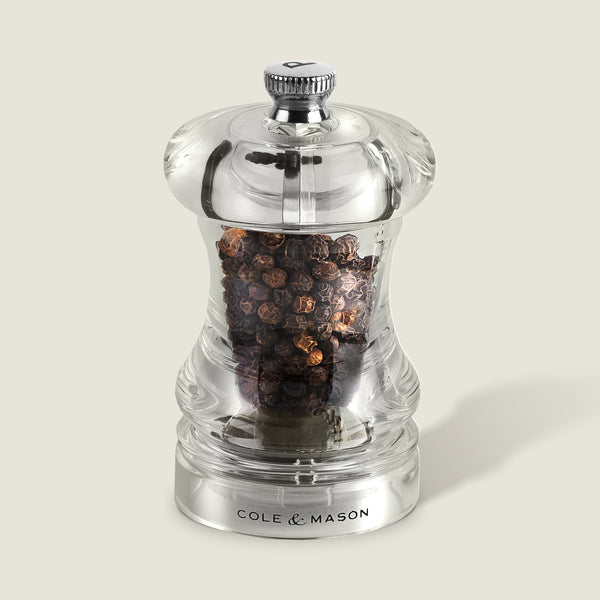 #85mm#pepper
The Cole & Mason Acrylic Capstan Pepper Mill, topped with a silver knob and filled with whole black peppercorns, features a precision grinding mechanism—perfect for elegant dining. Part of the Acrylic Capstan Salt & Pepper Mills collection.