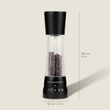 #salt&pepperset The Cole & Mason Derwent Matt Black Salt & Pepper Mill features an acrylic body, adjustable grind settings, is pre-filled with peppercorns, and measures 190 mm tall by 60 mm wide, shown upright on a light background.