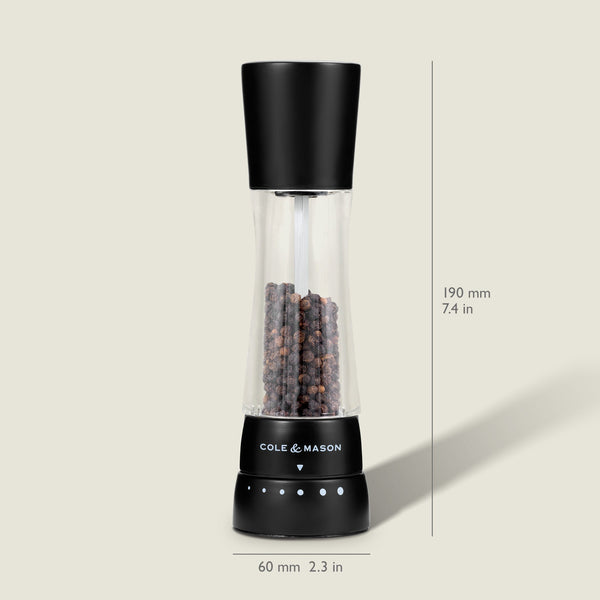 #salt&pepperset The Cole & Mason Derwent Matt Black Salt & Pepper Mill features an acrylic body, adjustable grind settings, is pre-filled with peppercorns, and measures 190 mm tall by 60 mm wide, shown upright on a light background.