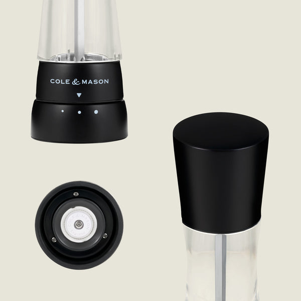 #salt&pepperset The Cole & Mason Derwent Matt Black Salt & Pepper Mills are shown from three angles—front, top, and bottom—featuring a sleek acrylic body, visible grinding mechanism, and adjustable grind settings.