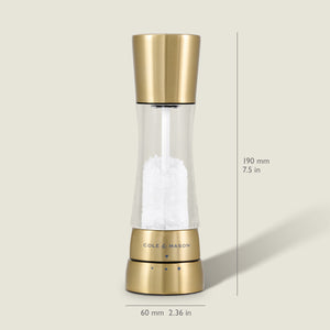The Cole & Mason Derwent Gold Salt & Pepper Mill, filled with coarse salt, stands upright on a light background. It features advanced grinding technology and measures 190 mm tall and 60 mm wide at the base.