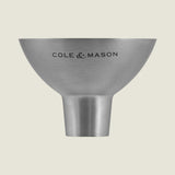 The Cole & Mason Dover Stainless Steel Funnel is an easy-to-clean kitchen essential, designed for effortless pouring and featuring signature Cole & Mason branding against a light, pale background.