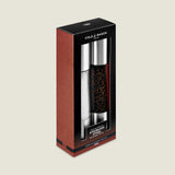 Cole & Mason Everyday Stainless Steel Salt & Pepper Mill Set in black and red packaging with white text comes in a rectangular box with a transparent window, showing the ergonomic, filled grinders with adjustable coarseness.