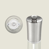 The Cole & Mason Everyday Style Salt & Pepper Mill Set features upright stainless steel mills with adjustable settings, clear bottoms, and labeled lids—a sleek, modern addition to any kitchen.