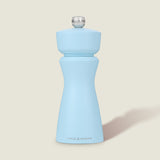 The Cole & Mason Kenton Blue Salt & Pepper Mill features a light blue modern design, silver top, and durable ceramic mechanism. The upright grinder displays the brand name on a neutral background.