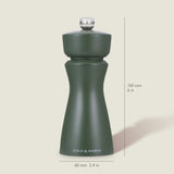 A dark green Kenton Rosemary Salt & Pepper Mill by Cole & Mason, with a ceramic mechanism and interchangeable knobs, stands upright at 150 mm tall and 60 mm wide on a light background.