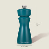 A blue Cole & Mason Kenton Sea Salt Blue Salt & Pepper Mill, perfect for modern kitchens, stands upright against a light background. It measures 150 mm tall and 60 mm wide. A silver knob on top displays the C & M branding.