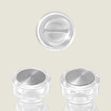 #86mm 
Three clear Cole & Mason London Acrylic Salt & Pepper Shakers are shown with silver tops; two stand upright displaying their holes, and one is upside down showing its solid base against a plain, light background.