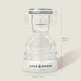 #86mm
The Cole & Mason London Acrylic Salt & Pepper Shaker, 86 mm tall and 50 mm wide with a metal top and branded base, is shown transparent against a light background.