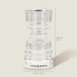 #130mm The Cole & Mason London Acrylic Salt & Pepper Shaker, part of their London collection, measures 130mm tall by 57mm wide and features branded detailing at the base against a light background.