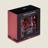 #130mm #shakersetThe Cole & Mason London Acrylic Salt & Pepper Shaker set features classic clear grinders, visible through a package window, in stylish black and red packaging with decorative patterns and product details.