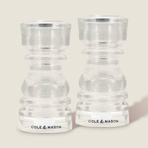 #130mm #shakerset Two Cole & Mason London Acrylic Salt & Pepper Shakers stand side by side on a neutral background, each with the brand name displayed at the base.