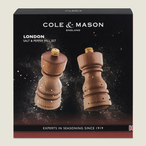 #130mm#salt&pepperset
Boxed set of Cole & Mason London 130mm natural beech mills