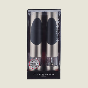 The Cole & Mason Richmond Electronic Salt & Pepper Mill Set includes two stainless steel mills with black accents, battery-powered grinding, the Precision System, and adjustable grind levels, shown against a plain background.