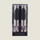 The Cole & Mason Richmond Electronic Salt & Pepper Mill Set includes two stainless steel mills with black accents, battery-powered grinding, the Precision System, and adjustable grind levels, shown against a plain background.